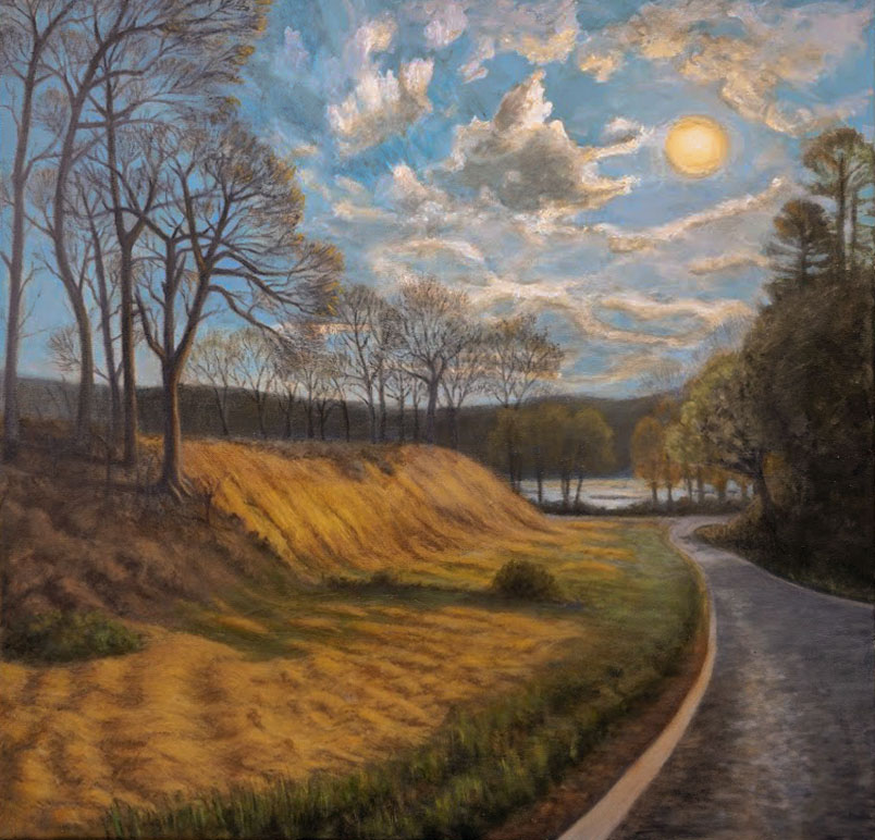 A landscape painting, moving down a hill toward a river.